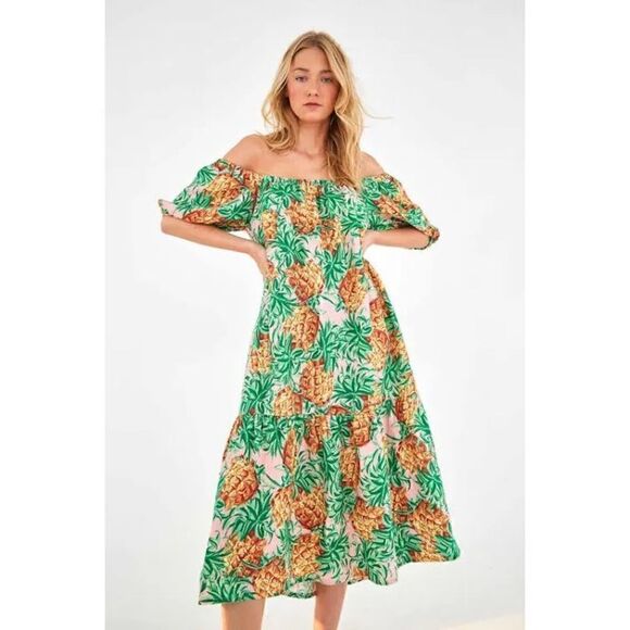 FARM RIO Pineapple Garden Linen Dress Size XS belted Hawaiian tropical - Picture 1 of 9